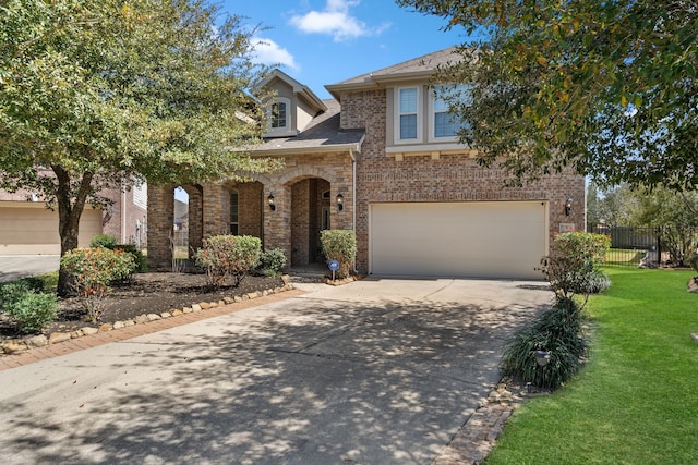 view of front facade featuring driveway, fence, an attached garage, a front yard, and brick siding