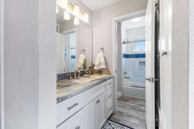 bathroom featuring vanity, shower / tub combination, and wood finished floors