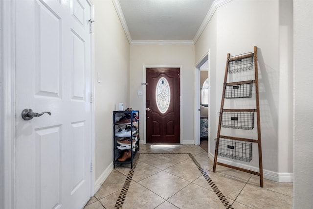 foyer with light tile patterned floors, baseboards, and crown molding