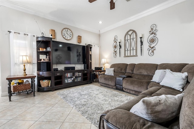 tiled living room with recessed lighting, a ceiling fan, and crown molding