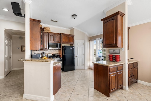 kitchen with a peninsula, visible vents, stainless steel appliances, and ornamental molding