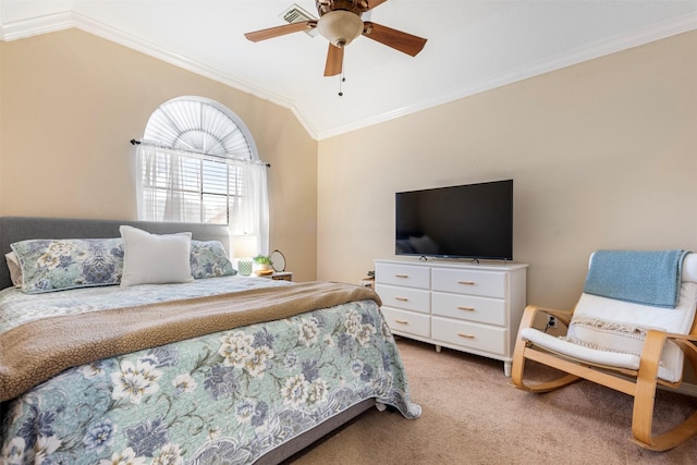 bedroom featuring light colored carpet, a ceiling fan, visible vents, vaulted ceiling, and ornamental molding