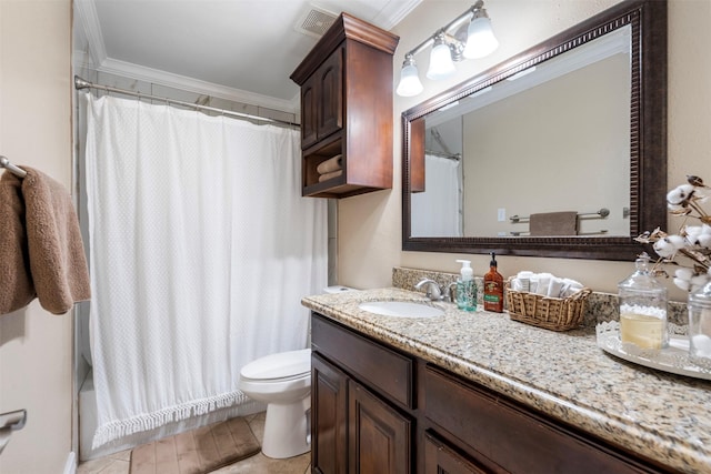 full bath with toilet, visible vents, vanity, and crown molding