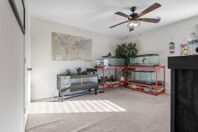 interior space with carpet flooring, ceiling fan, and visible vents