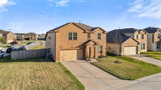 traditional-style home featuring concrete driveway, a residential view, fence, central AC, and brick siding