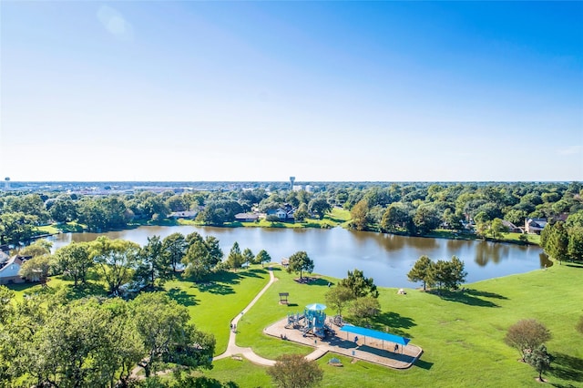 birds eye view of property with a water view