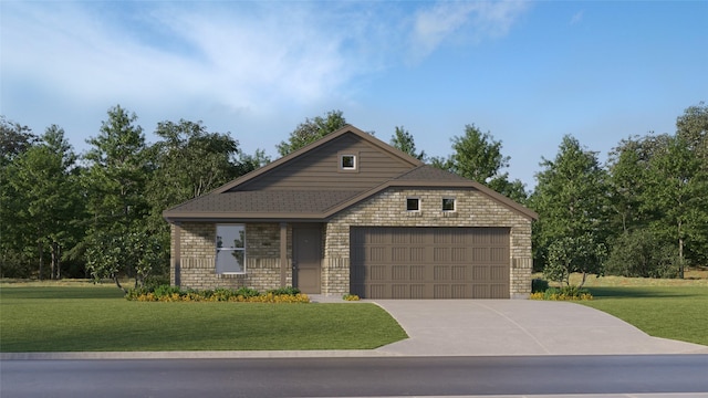 view of front facade featuring brick siding, an attached garage, concrete driveway, and a front lawn