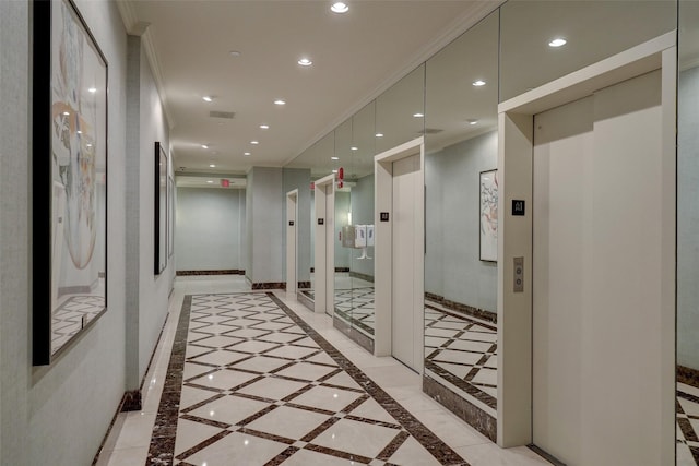 hallway with elevator, recessed lighting, baseboards, and ornamental molding