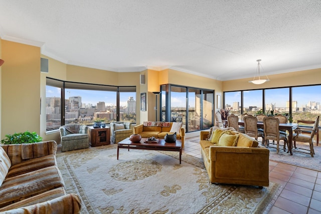 tiled living room featuring a city view, ornamental molding, and a textured ceiling