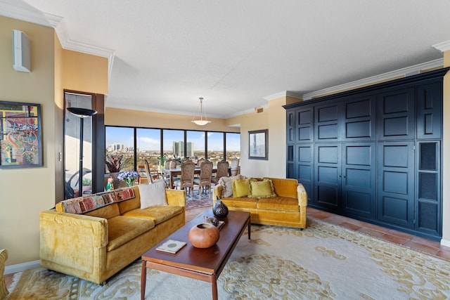 living area with a view of city, light tile patterned flooring, baseboards, and ornamental molding