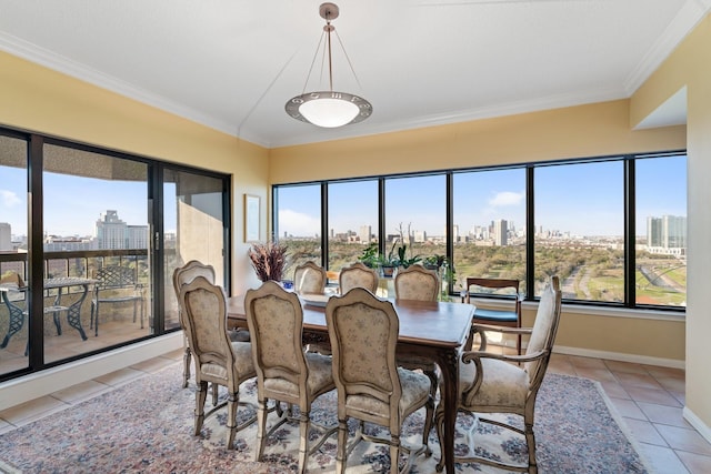 dining area with a city view, light tile patterned floors, and a wealth of natural light