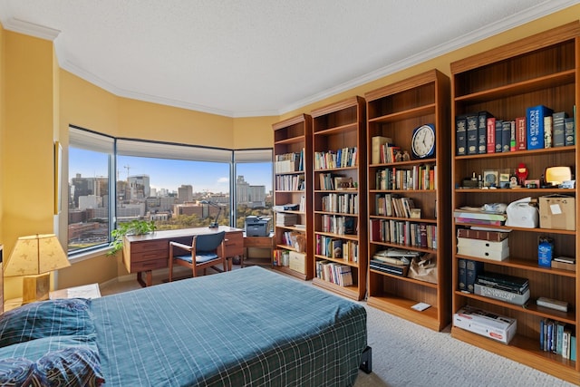 bedroom featuring a city view and crown molding