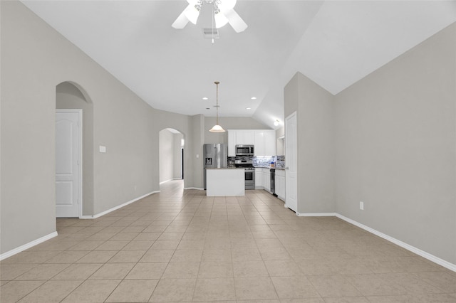 unfurnished living room featuring light tile patterned floors, visible vents, baseboards, and ceiling fan