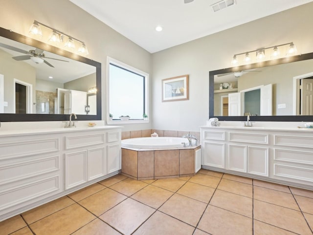 full bath featuring a ceiling fan, visible vents, and tile patterned floors