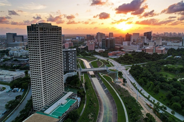 aerial view at dusk with a city view