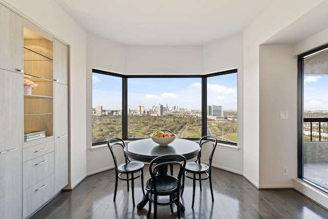 dining space with baseboards, a view of city, and dark wood-type flooring