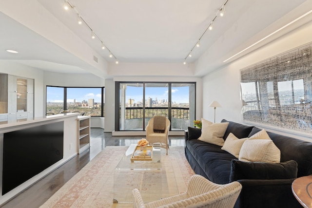 living room with visible vents, a healthy amount of sunlight, a view of city, and wood finished floors