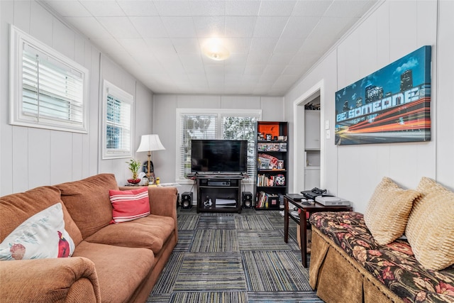 living room featuring dark colored carpet