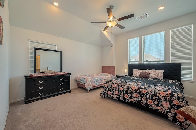 bedroom with visible vents, ceiling fan, baseboards, carpet floors, and recessed lighting