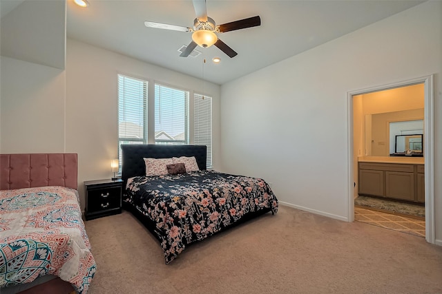 bedroom featuring ceiling fan, recessed lighting, baseboards, and light carpet