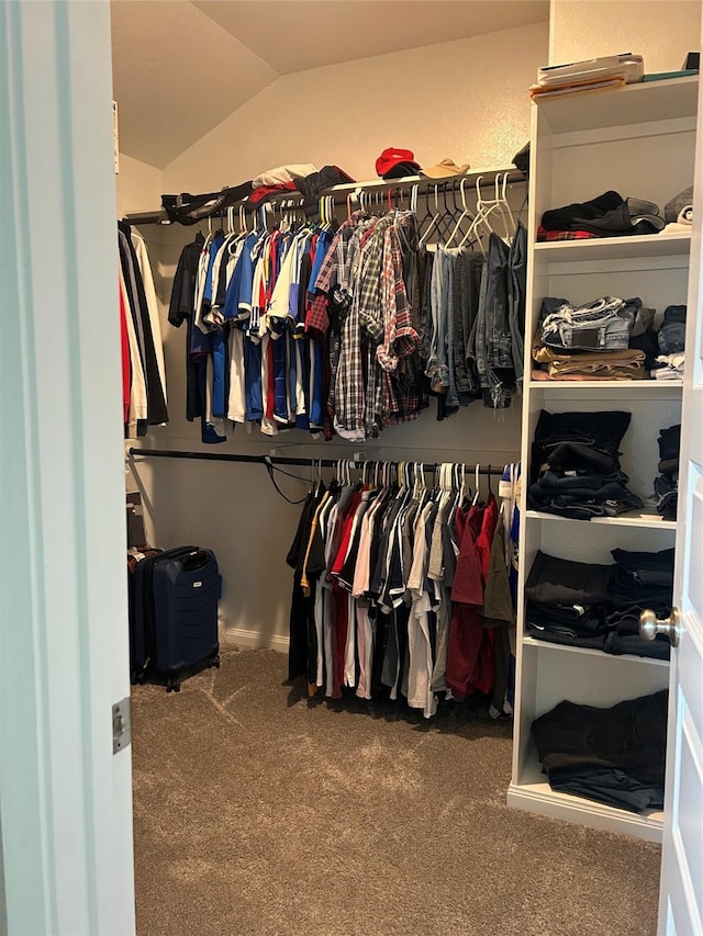 spacious closet with lofted ceiling and carpet floors