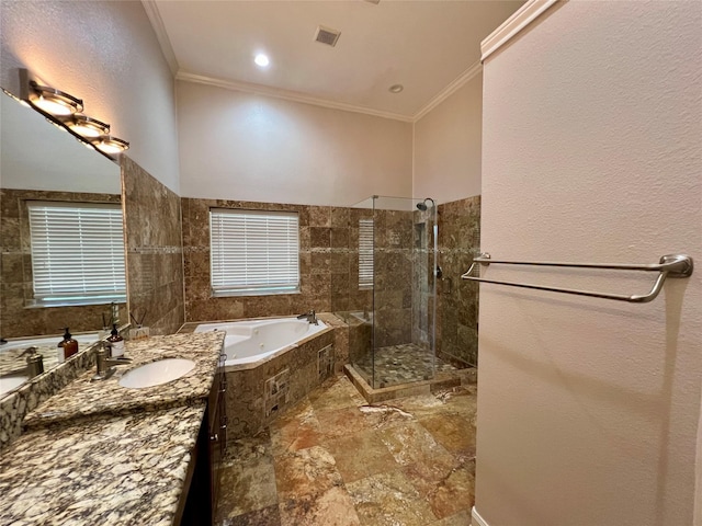 bathroom featuring visible vents, a garden tub, walk in shower, and crown molding