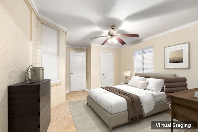 bedroom featuring ceiling fan and ornamental molding