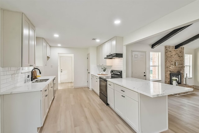 kitchen with black electric range, a sink, under cabinet range hood, light wood finished floors, and a peninsula
