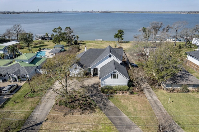 aerial view featuring a water view