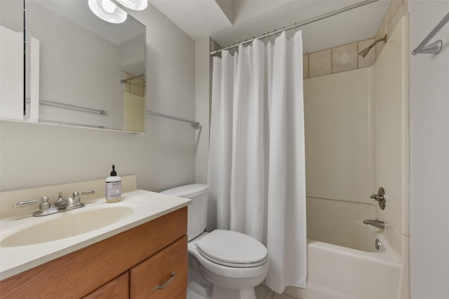 bathroom with shower / bathtub combination with curtain, toilet, and vanity