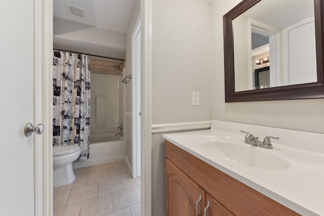 full bath with visible vents, shower / bath combo with shower curtain, toilet, tile patterned flooring, and vanity