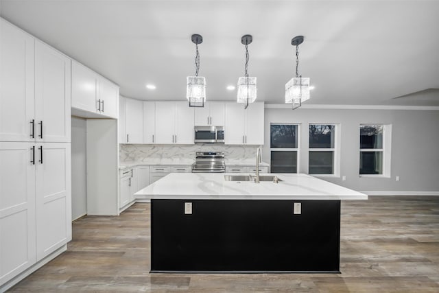 kitchen featuring light wood finished floors, decorative backsplash, stainless steel appliances, and a sink