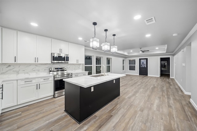 kitchen with stainless steel appliances, a sink, light wood-type flooring, decorative backsplash, and a tray ceiling