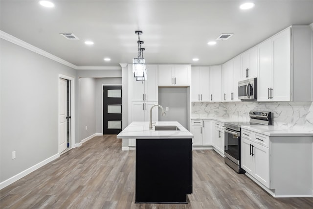 kitchen with appliances with stainless steel finishes, visible vents, a sink, and decorative backsplash