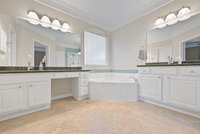 bathroom featuring two vanities, a sink, ornamental molding, a bath, and tile patterned floors