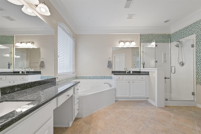 bathroom with a shower stall, visible vents, and ornamental molding