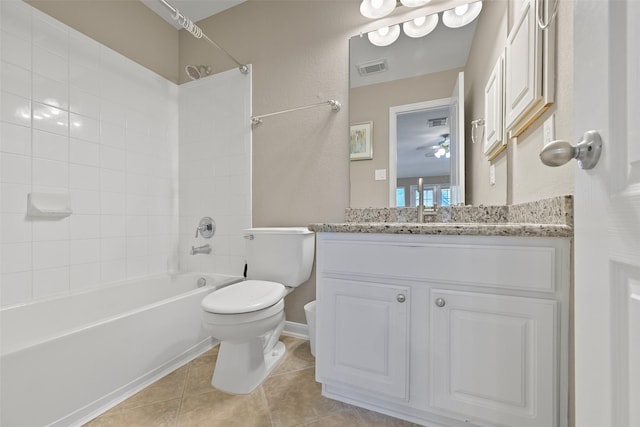 full bath with visible vents, toilet, tile patterned floors, vanity, and washtub / shower combination