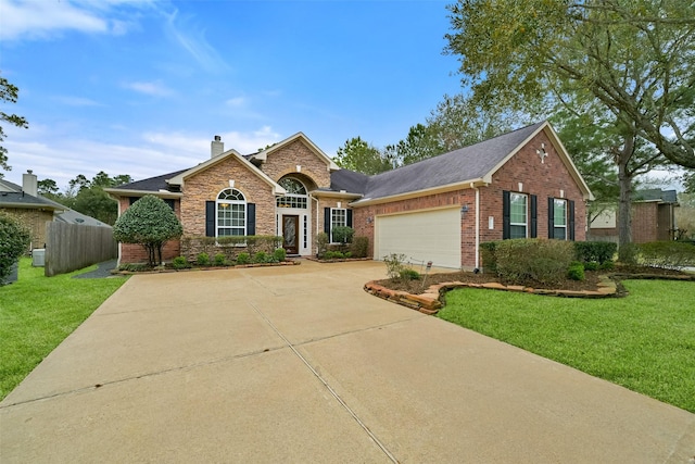 traditional-style house with a front yard, concrete driveway, brick siding, and a chimney