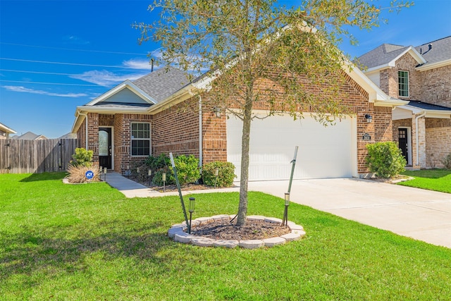 view of front facade featuring an attached garage, brick siding, fence, concrete driveway, and a front yard