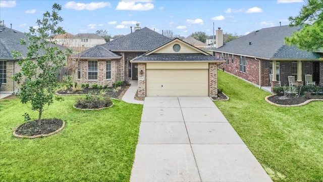 ranch-style home featuring an attached garage, brick siding, a shingled roof, driveway, and a front yard