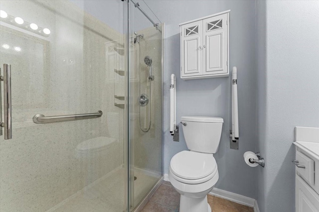 full bath featuring a shower stall, toilet, and tile patterned floors