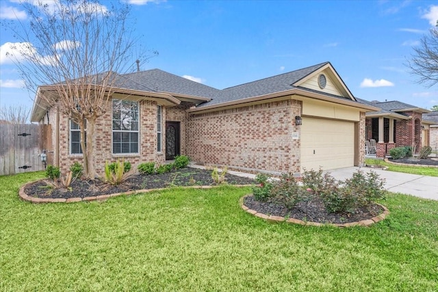 single story home featuring driveway, a garage, a shingled roof, a front lawn, and brick siding