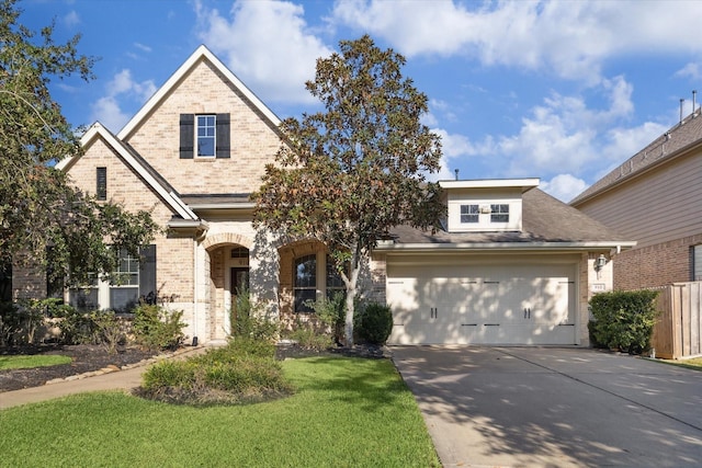 view of front of property with driveway, an attached garage, a front lawn, and brick siding