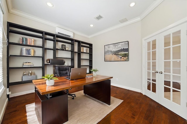 office area with french doors, a wall unit AC, crown molding, and dark wood-style flooring