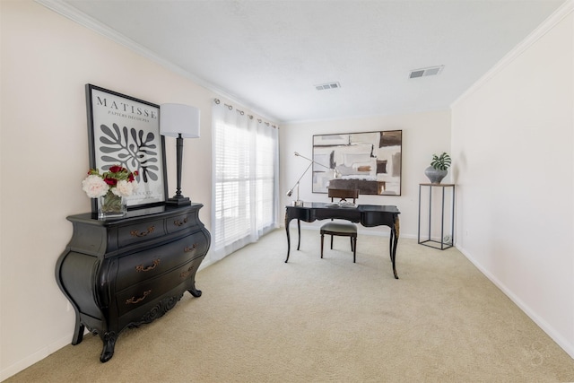 office featuring ornamental molding, carpet flooring, visible vents, and baseboards