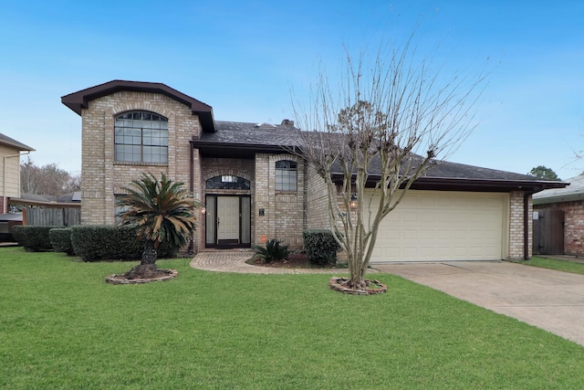 view of front facade featuring a front lawn, concrete driveway, a shingled roof, a garage, and brick siding