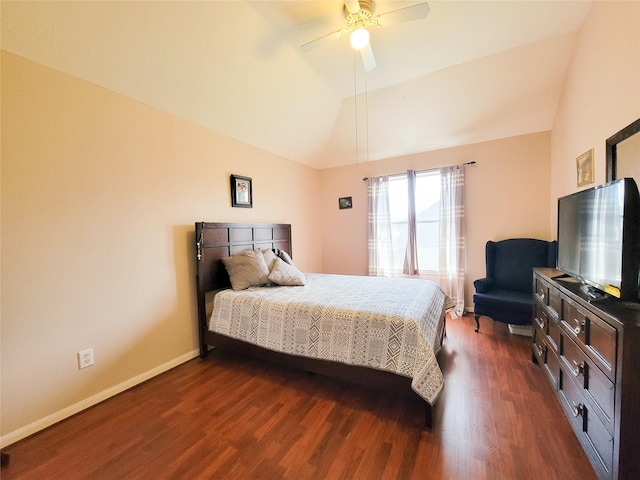 8002 Weeping Willow Pl, Missouri City, TX 77459 - bedroom with baseboards, lofted ceiling, dark wood finished floors, and a ceiling fan