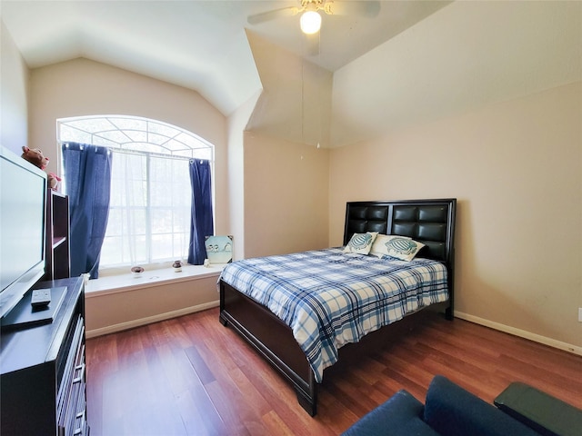 8002 Weeping Willow Pl, Missouri City, TX 77459 - bedroom with ceiling fan, wood finished floors, baseboards, and vaulted ceiling