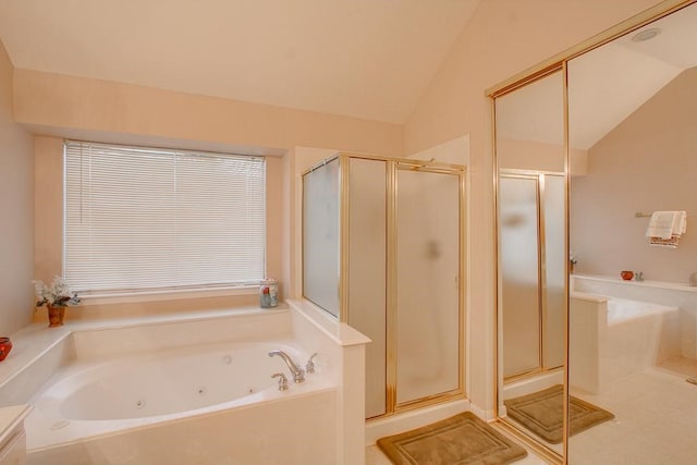 8002 Weeping Willow Pl, Missouri City, TX 77459 - full bathroom with a shower stall, a jetted tub, and vaulted ceiling