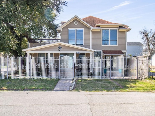 view of front facade featuring a fenced front yard, a gate, and a shingled roof